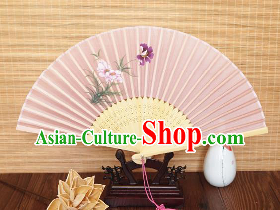 Handmade China Traditional Folding Fans Bamboo Fan Classical Suzhou Pink Silk Accordion Printing Orchids Fan