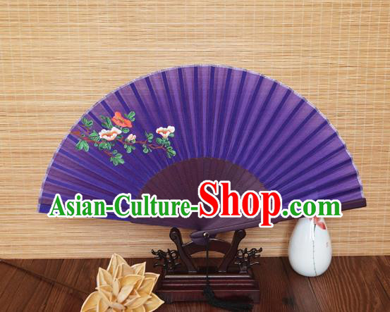 Handmade China Classical Suzhou Purple Silk Accordion Printing Flowers Fan Traditional Folding Fans Bamboo Fan