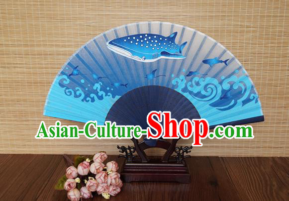 Handmade China Blue Bamboo Fan Classical Silk Accordion Printing Whale Fan Traditional Folding Fans