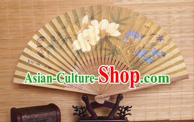 China Handmade Printing Mangnolia Fan Traditional Dance Folding Fans Bamboo Fan Classical Yellow Silk Accordion