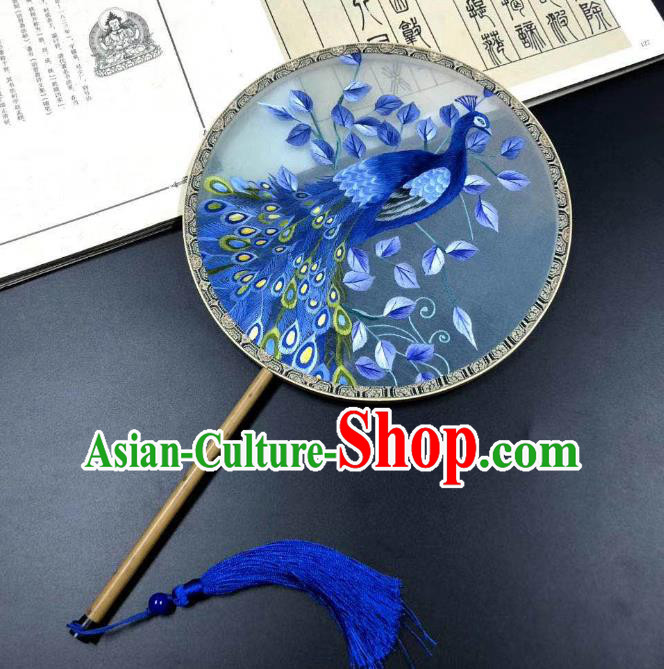 China Handmade Double Side Suzhou Embroidered Peacock Fan Traditional Blue Silk Fans Cheongsam Dance Circular Fan Classical Palace Fan