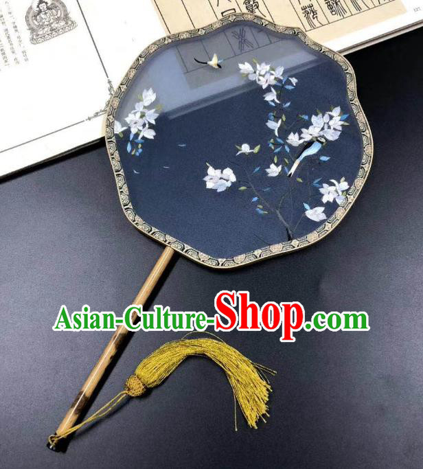 China Classical Palace Fan Handmade Double Side Suzhou Embroidered Mangnolia Fan Traditional Navy Silk Fans Cheongsam Dance Fan