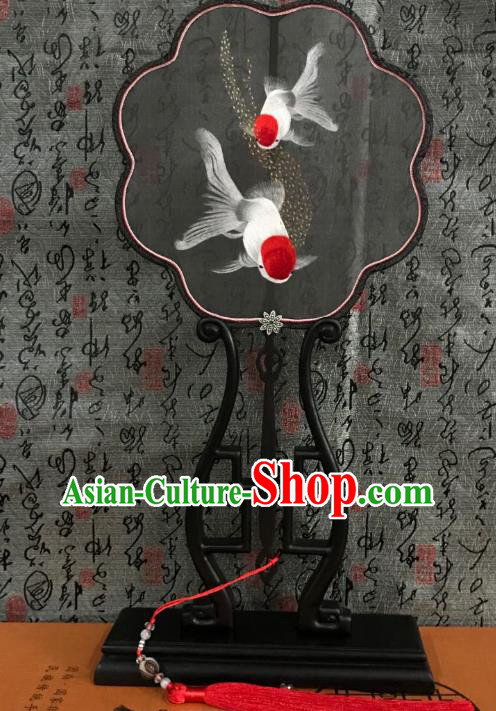 China Classical Double Side Palace Fan Handmade Suzhou Embroidered Gildfish Fan Traditional Black Silk Fans Hanfu Dance Fan