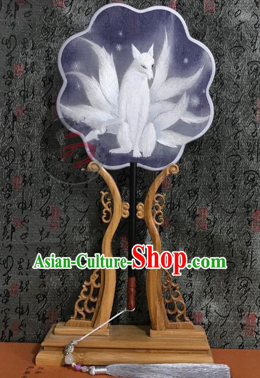 China Traditional Purple Silk Fans Cheongsam Dance Fan Classical Palace Fan Handmade Double Side Suzhou Embroidered Nine Tails Fox Fan