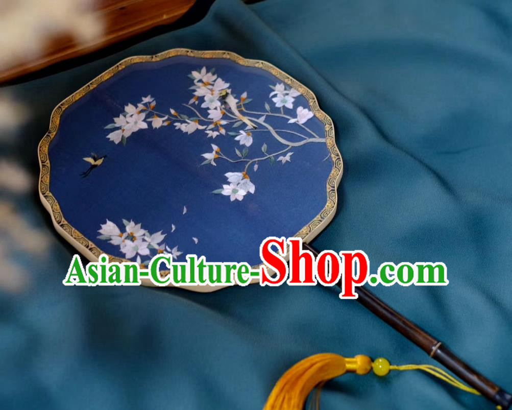 China Double Side Suzhou Embroidered Mangnolia Fan Handmade Song Dynasty Princess Fans Traditional Hanfu Blue Silk Fan Classical Palace Fan
