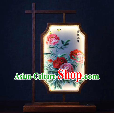 Chinese Embroidered Peony Table Screen Suzhou Embroidery Desk Lamp Handmade LED Lantern