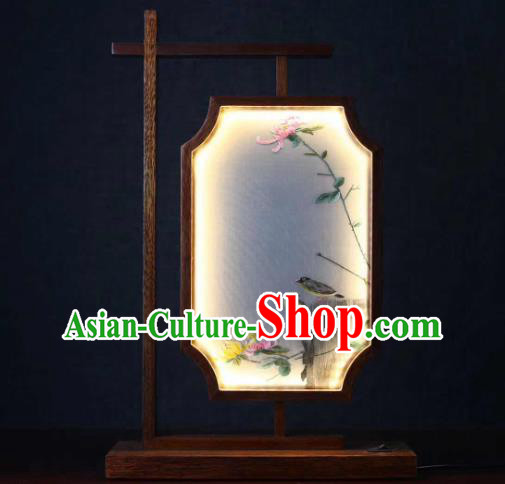Chinese Handmade LED Lantern Craft Embroidered Chrysanthemum Table Screen Suzhou Embroidery Desk Lamp