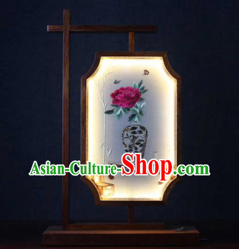 Chinese Handmade LED Lantern Embroidered Red Peony Table Screen Suzhou Embroidery Craft Desk Lamp