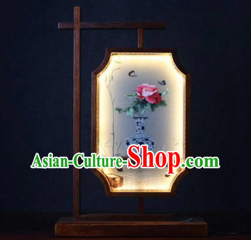 Chinese Handmade Desk Lamp LED Lantern Embroidered Peony Butterfly Table Screen Suzhou Embroidery Craft