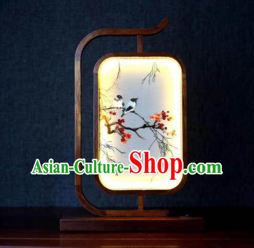 Chinese Embroidered Plum Bird Table Screen Suzhou Embroidery Craft Handmade Desk Lamp LED Lantern