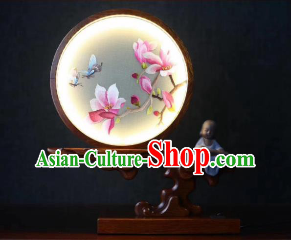 Chinese Embroidered Mangnolia Table Screen Suzhou Embroidery Craft Desk Lamp Handmade LED Lantern