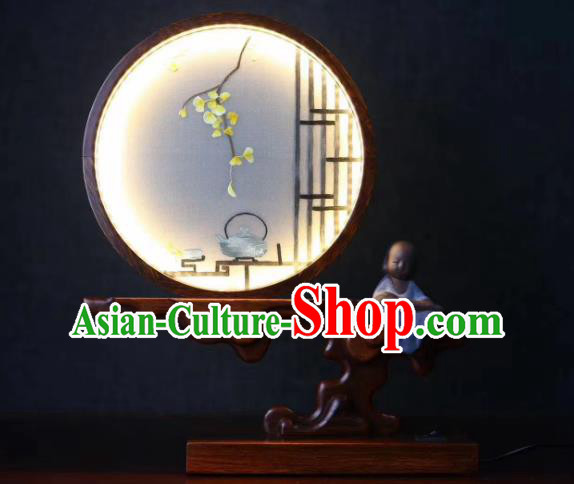 Chinese Handmade LED Lamp Embroidered Ginkgo Leaf Table Screen Suzhou Embroidery Craft Desk Lantern