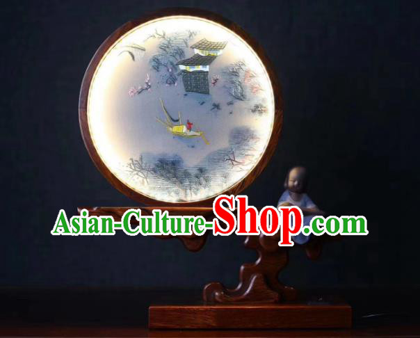 Chinese Suzhou Embroidery Craft Desk Lantern Handmade LED Lamp Embroidered Boat Table Screen