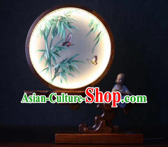 Chinese Handmade LED Lamp Embroidered Bamboo Table Screen Suzhou Double Side Embroidery Craft Desk Lantern