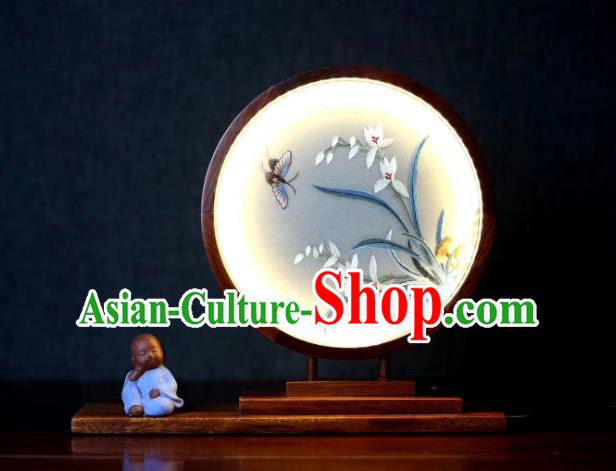 Chinese Double Side Embroidery Craft Desk Lantern Handmade LED Lamp Suzhou Embroidered Orchids Table Screen