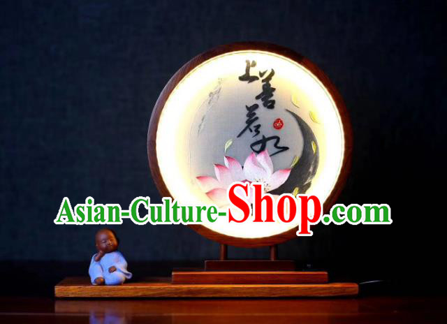 Chinese Suzhou Embroidered Lotus Table Screen Double Side Embroidery Craft Desk Lantern Handmade LED Lamp