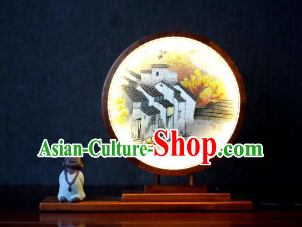 Chinese Handmade Desk Lantern LED Lamp Suzhou Embroidered Table Screen Double Side Embroidery Craft