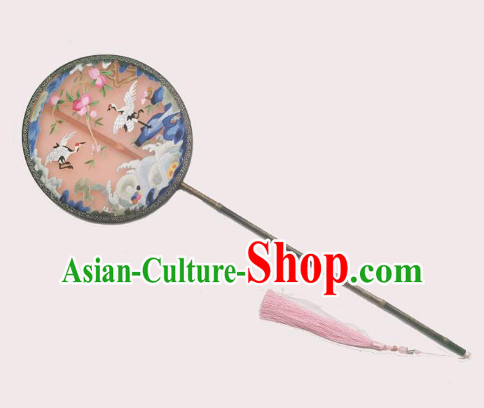 China Handmade Double Side Pink Silk Fan Classical Circular Fans Traditional Hanfu Fan Embroidered Crane Palace Fan
