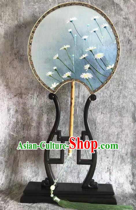 China Embroidered Daisy Palace Fan Handmade Double Side Blue Silk Fan Classical Dance Fans Traditional Hanfu Fan