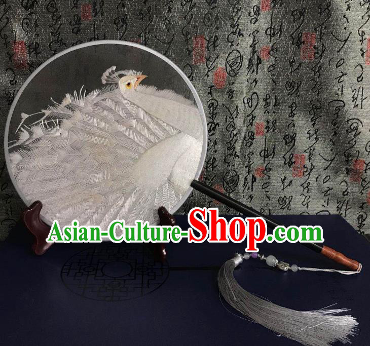China Suzhou Embroidered White Peacock Palace Fan Handmade Double Side Fan Classical Dance Circular Fans Traditional Hanfu Silk Fan