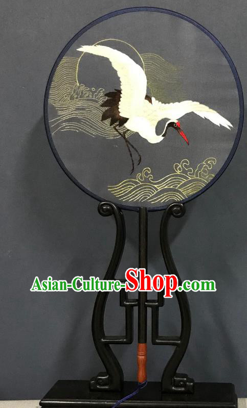 China Traditional Hanfu Grey Silk Fan Suzhou Embroidered Crane Palace Fan Handmade Double Side Fan Classical Dance Circular Fans