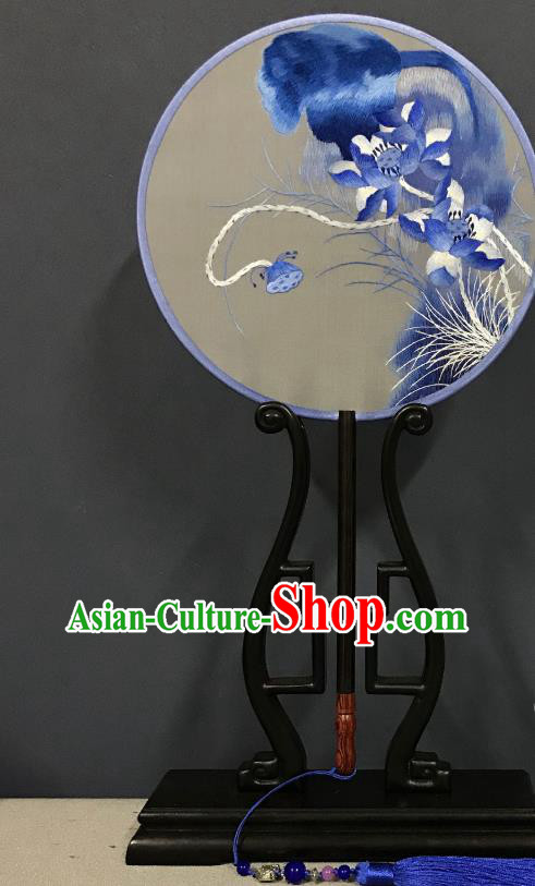 China Classical Dance Circular Fans Traditional Hanfu Silk Fan Suzhou Embroidered Blue Lotus Palace Fan Handmade Double Side Fan