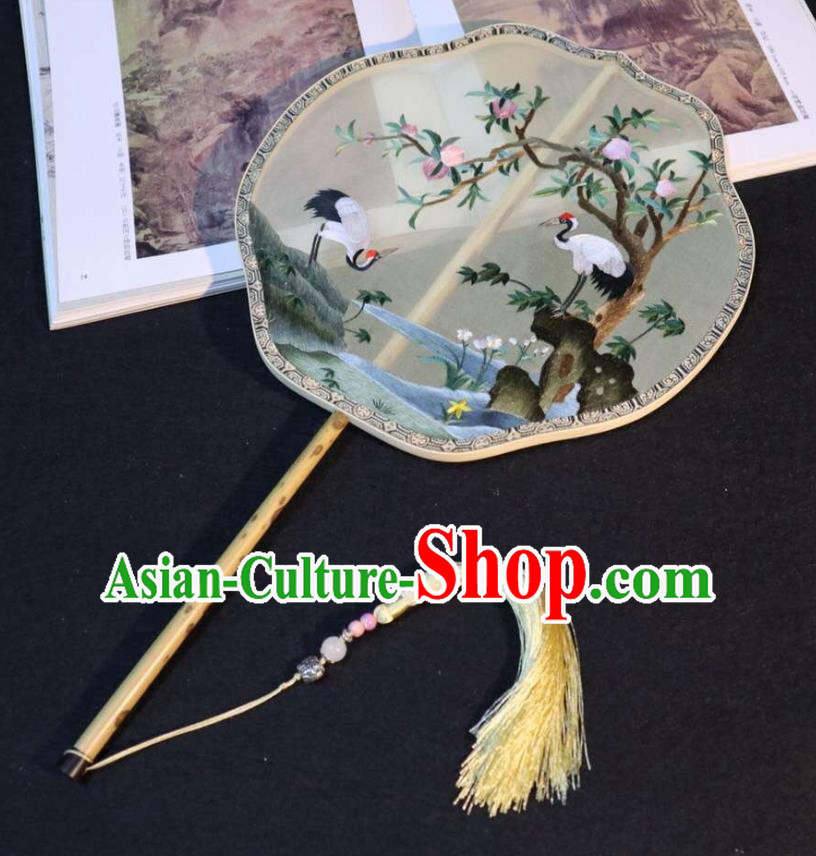 China Traditional Ming Dynasty Hanfu Fan Embroidered Cranes Palace Fan Handmade Double Side Beige Silk Fan Classical Dance Fans