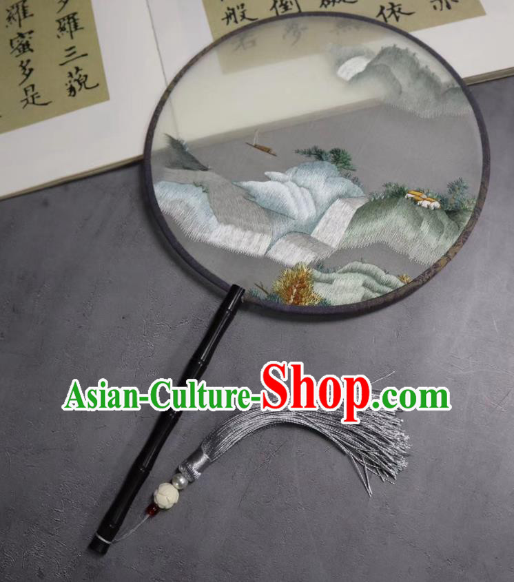 China Suzhou Embroidered Landscape Palace Fan Handmade Double Side Circular Fan Classical Kesi Fans Traditional Hanfu Silk Fan