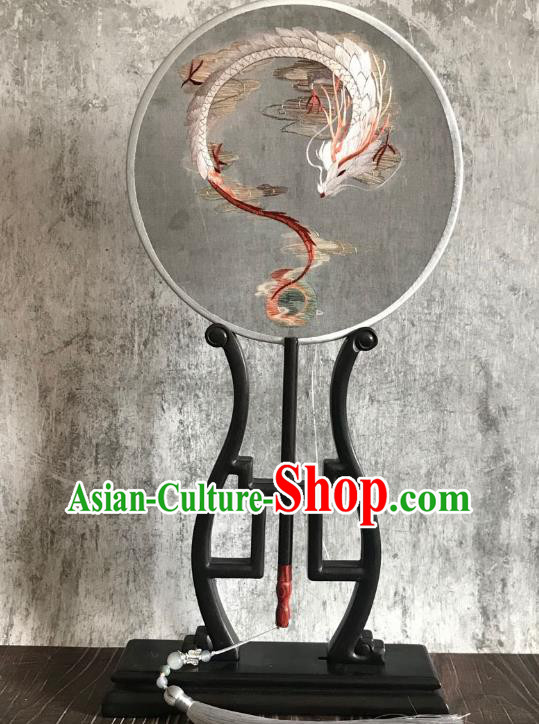 China Traditional Hanfu Grey Silk Fan Suzhou Embroidered Dragon Fan Handmade Double Side Palace Fan Classical Circular Fans