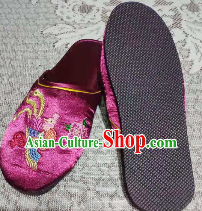 Chinese Embroidery Phoenix Peony Slippers Wedding Shoes Handmade Purple Satin Shoes