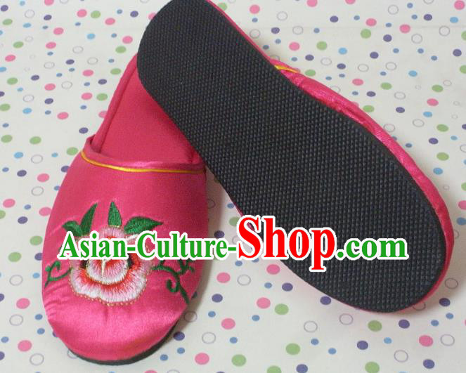 Chinese Handmade Peach Pink Satin Shoes Embroidery Peony Slippers Wedding Shoes