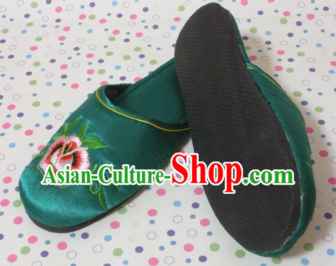 Chinese Wedding Shoes Handmade Green Satin Shoes Embroidery Peony Slippers