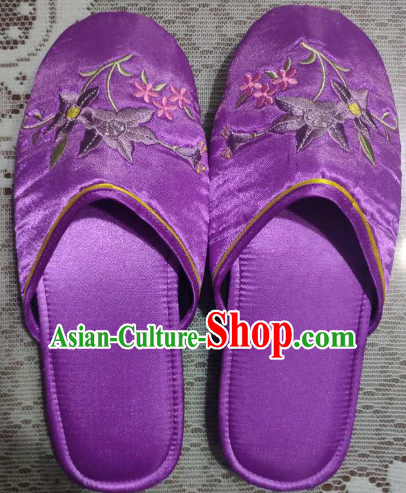 Chinese Embroidery Petunia Slippers Wedding Shoes Handmade Purplen Satin Shoes