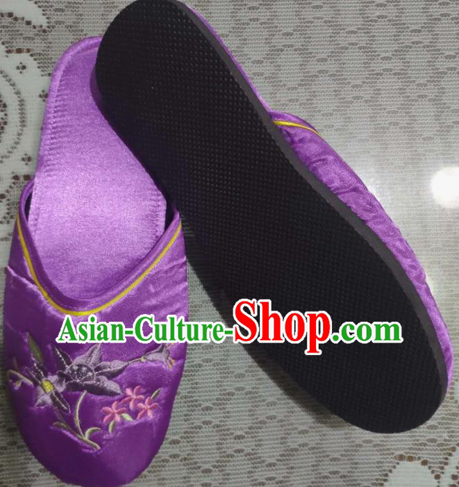 Chinese Embroidery Petunia Slippers Wedding Shoes Handmade Purplen Satin Shoes