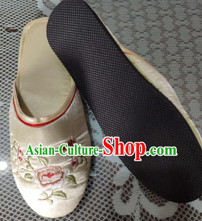 Chinese Embroidery Butterfly Peony Slippers Wedding Bride Shoes Handmade Beige Satin Shoes