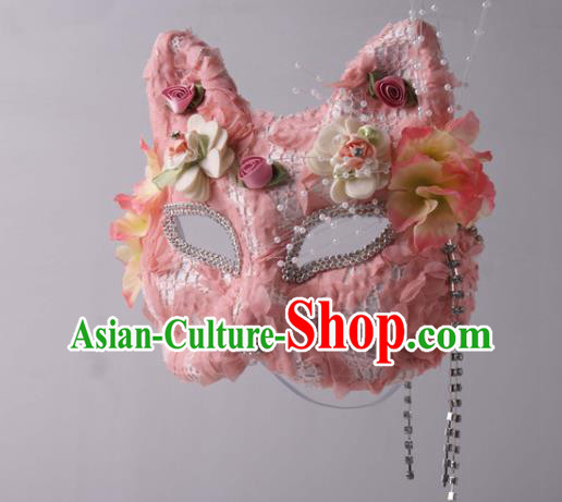 Cosplay Party Pink Lace Mask Handmade Deluxe Fox Face Mask Halloween Stage Performance Headpiece