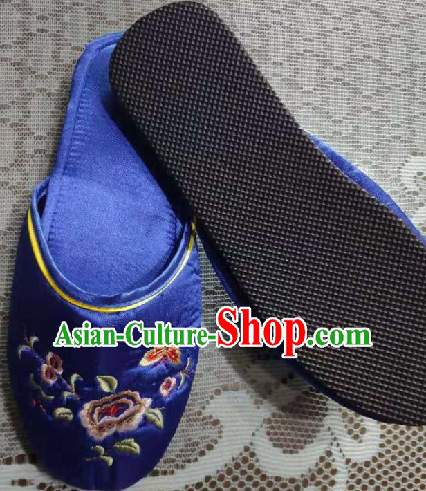 Chinese Embroidery Peony Butterfly Slippers Wedding Bride Shoes Handmade Royalblue Satin Shoes
