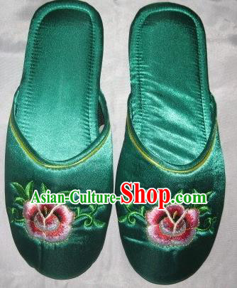 Chinese Embroidery Peony Slippers Wedding Footwear Bride Shoes Handmade Green Satin Shoes