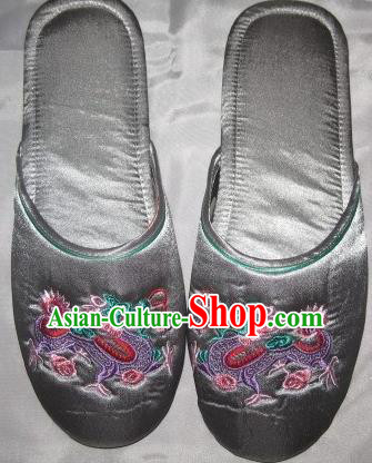 Chinese Bride Shoes Handmade Grey Satin Shoes Embroidery Dragon Slippers Wedding Footwear