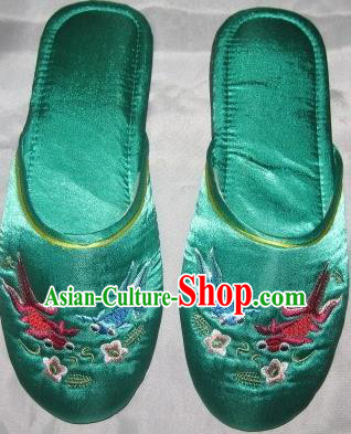 Chinese Wedding Embroidery Footwear Bride Shoes Handmade Green Satin Shoes Embroidered Goldfish Slippers
