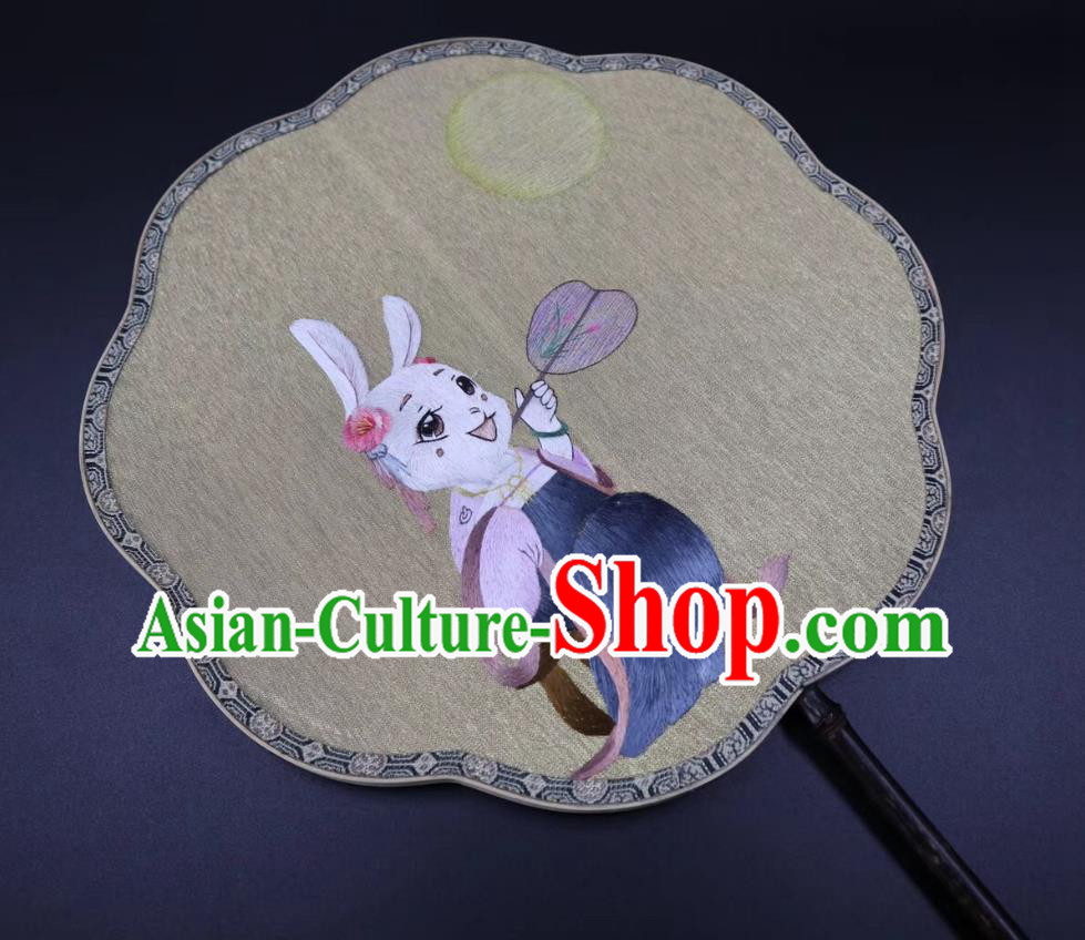 China Suzhou Embroidered Rabbit Palace Fan Handmade Double Side Fan Classical Kesi Fans Traditional Hanfu Beige Silk Fan