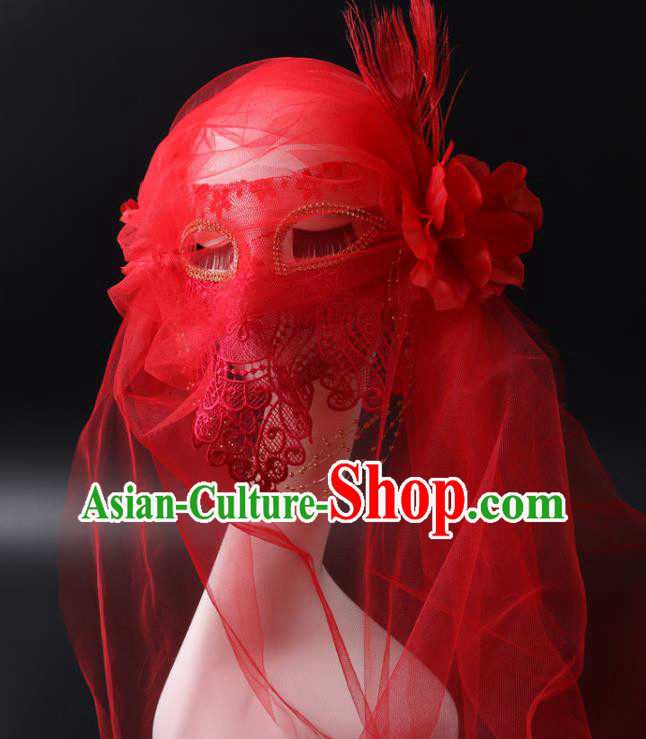 Deluxe Halloween Cosplay Red Veil Mask Lace Face Mask Stage Performance Headpiece