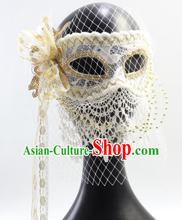 Handmade White Lace Face Mask Stage Performance Headpiece Deluxe Halloween Cosplay Woman Mask