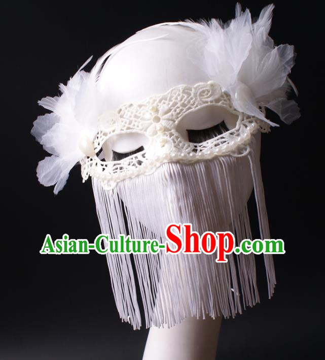 Deluxe Halloween Cosplay Woman White Tassel Mask Handmade Lace Face Mask Stage Performance Headpiece