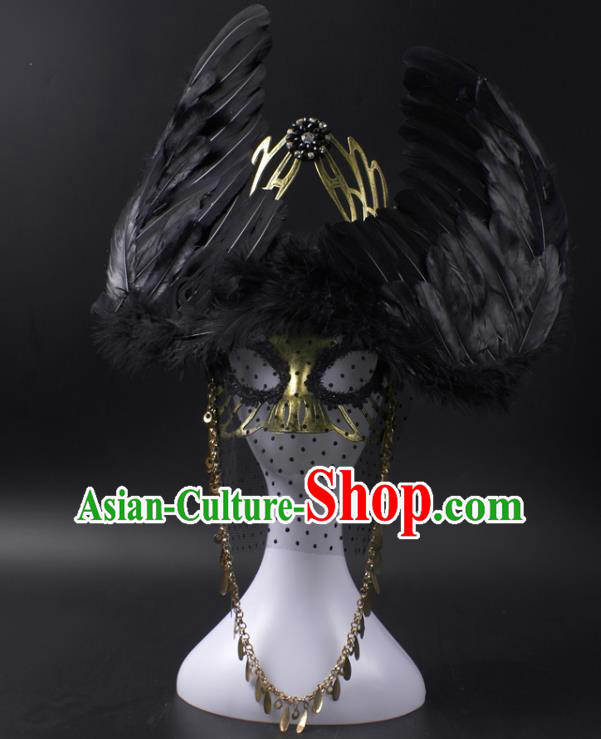 Professional Rio Carnival Headwear Cosplay Wings Mask Party Performance Black Feather Face Mask