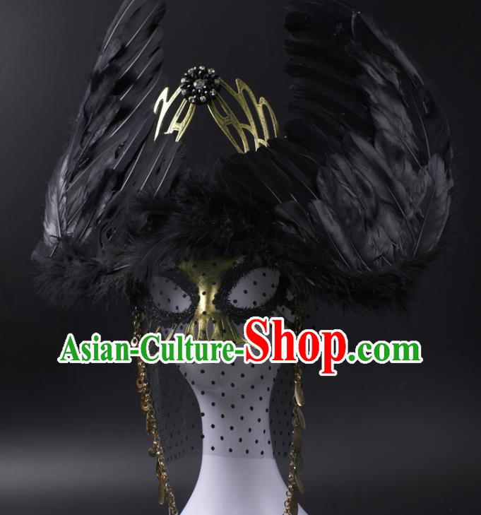 Professional Rio Carnival Headwear Cosplay Wings Mask Party Performance Black Feather Face Mask
