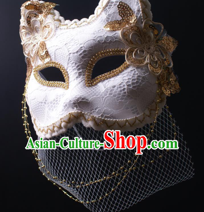 Handmade White Lace Fox Face Mask Deluxe Stage Performance Headpiece Halloween Cosplay Woman Veil Mask