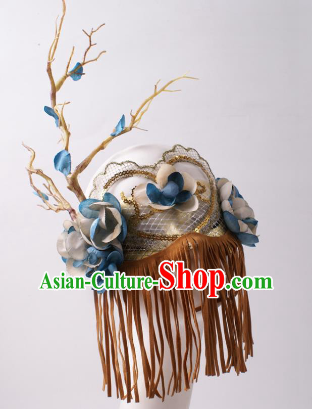 Cosplay Party Deluxe Brown Tassel Mask Handmade Silk Flowers Branch Face Mask Halloween Stage Performance Blinder Headpiece