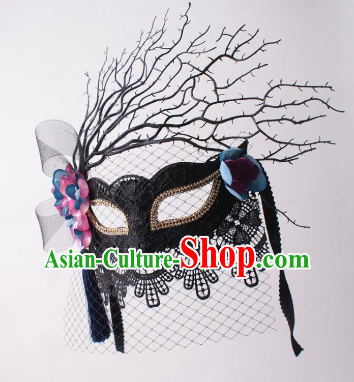 Halloween Stage Performance Blinder Headpiece Cosplay Party Deluxe Black Lace Mask Handmade Branch Face Mask