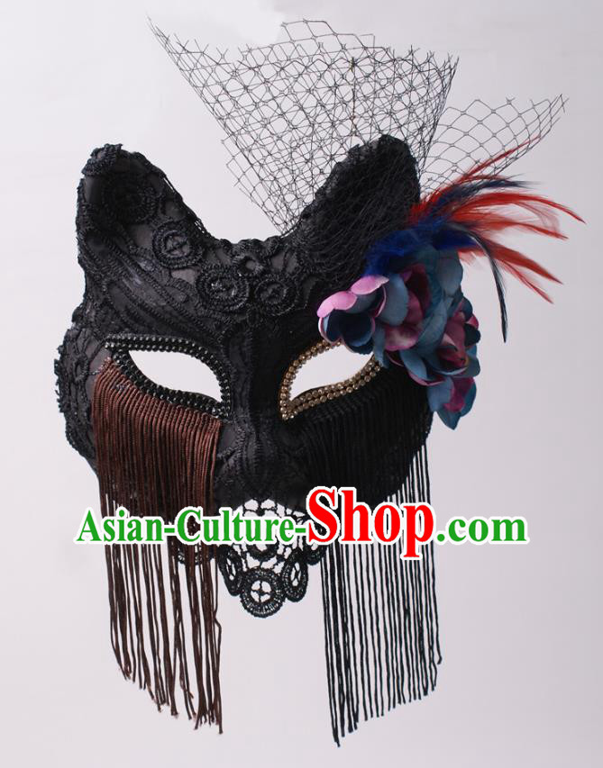 Cosplay Party Deluxe Black Lace Mask Handmade Fox Face Mask Halloween Stage Performance Headpiece